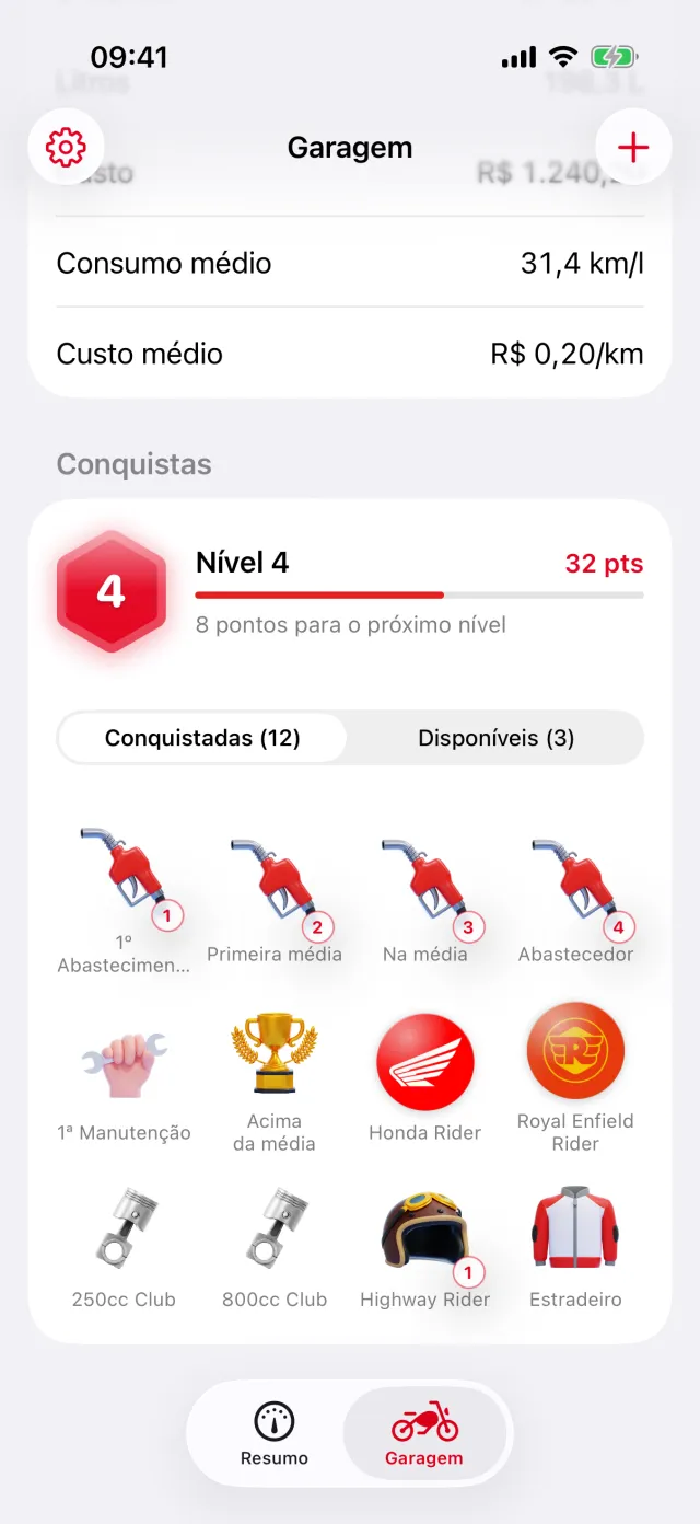 Garagem com consumo e custo médio e o nível de conquistas