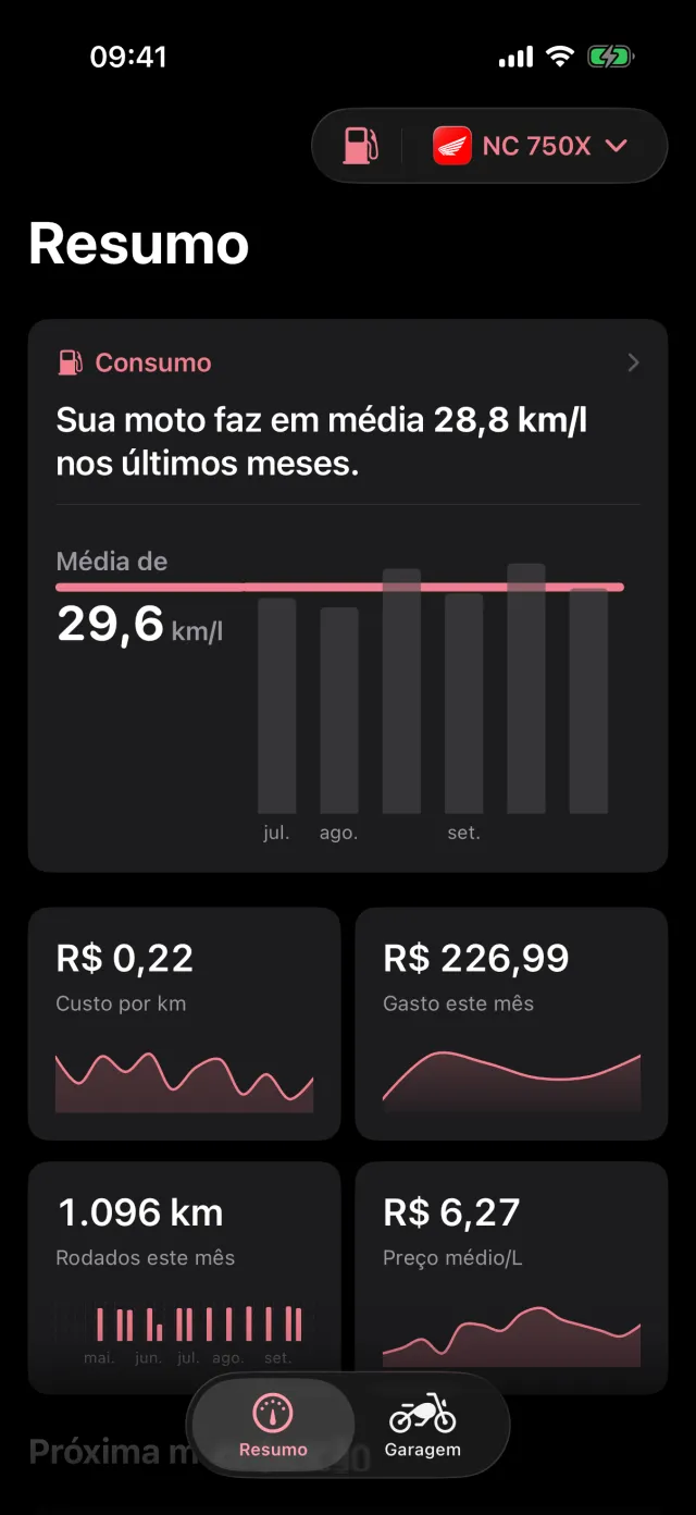 Tela Resumo do Carburante: consumo médio de 28,8 km/l, custo por km e gasto do mês